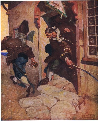 Captain Bones routs Black Dog: One last tremulous cut would have split him had it not been intercepted by our big signboard by Newell Convers Wyeth
